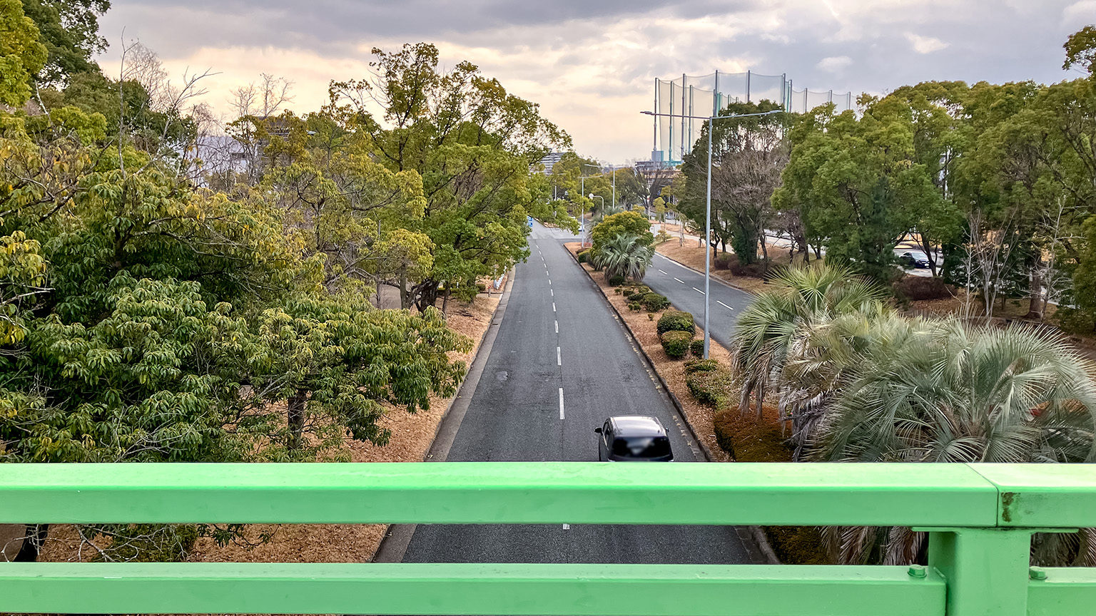 道路の上に架かる橋から見た景色の写真