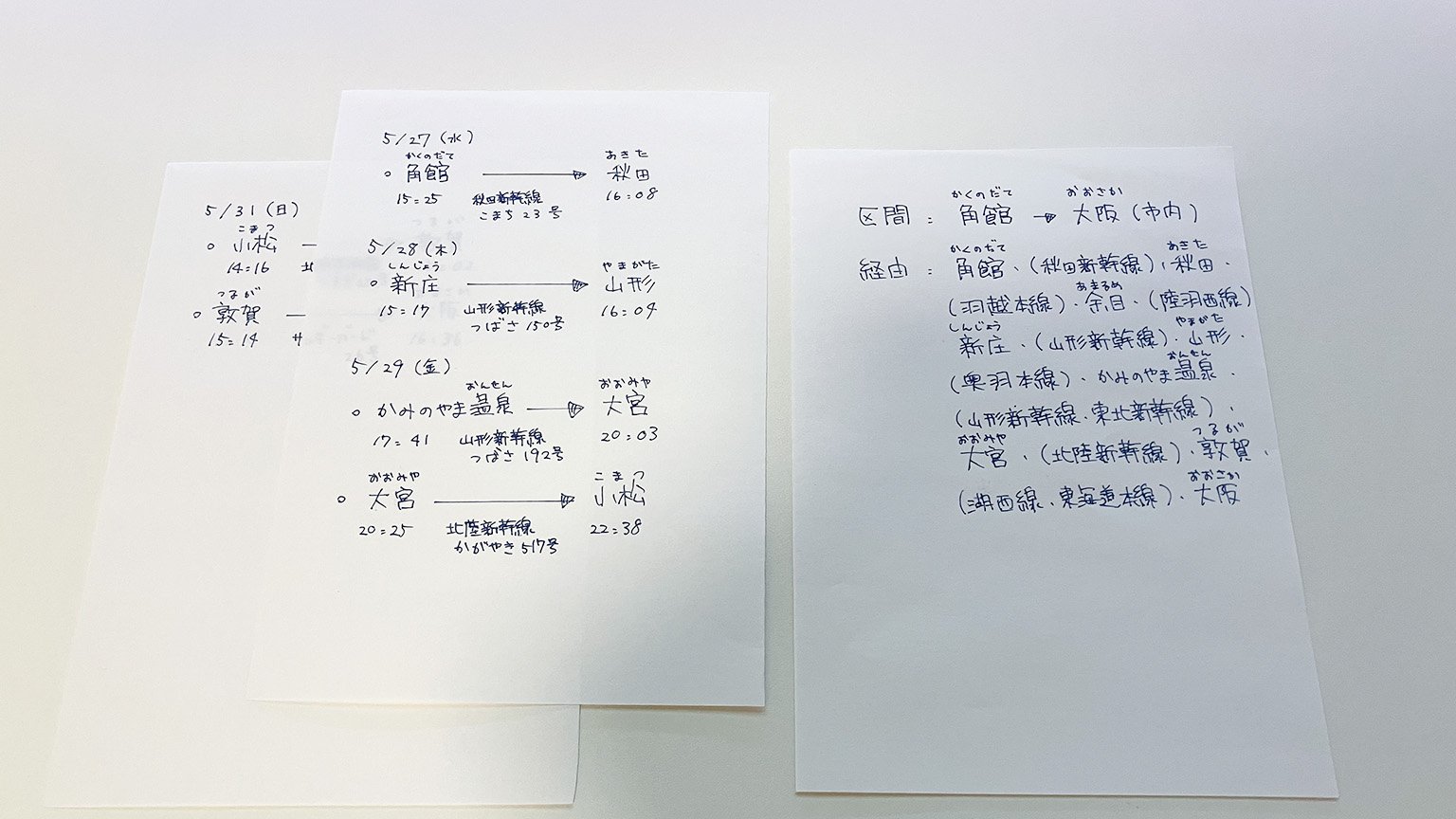 長距離きっぷを購入する際に持参したメモの写真