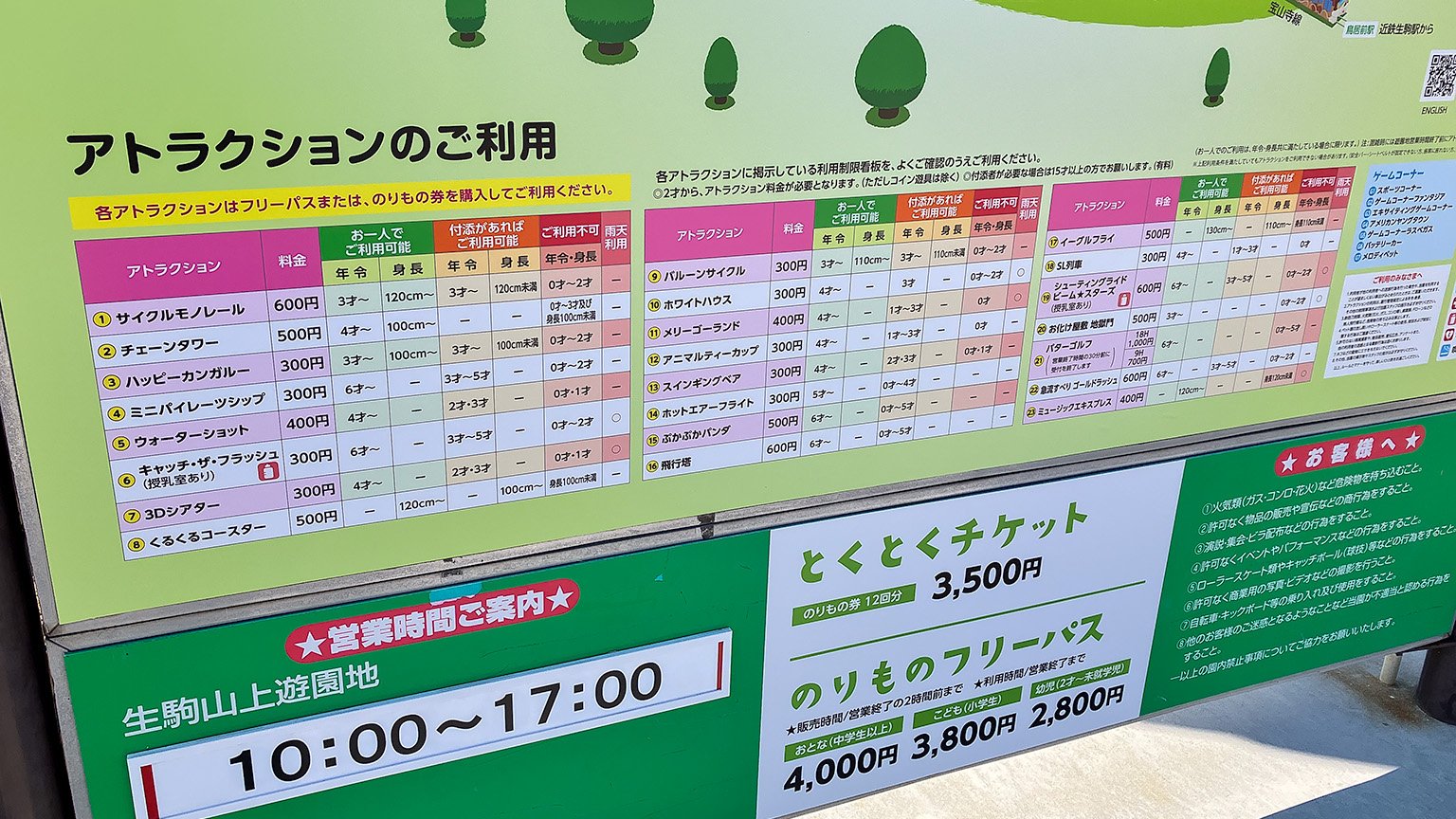 生駒山上遊園地のアトラクションの利用案内について書かれた看板の写真