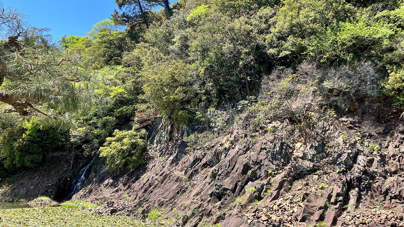 栗林公園の石壁と桶樋滝の写真
