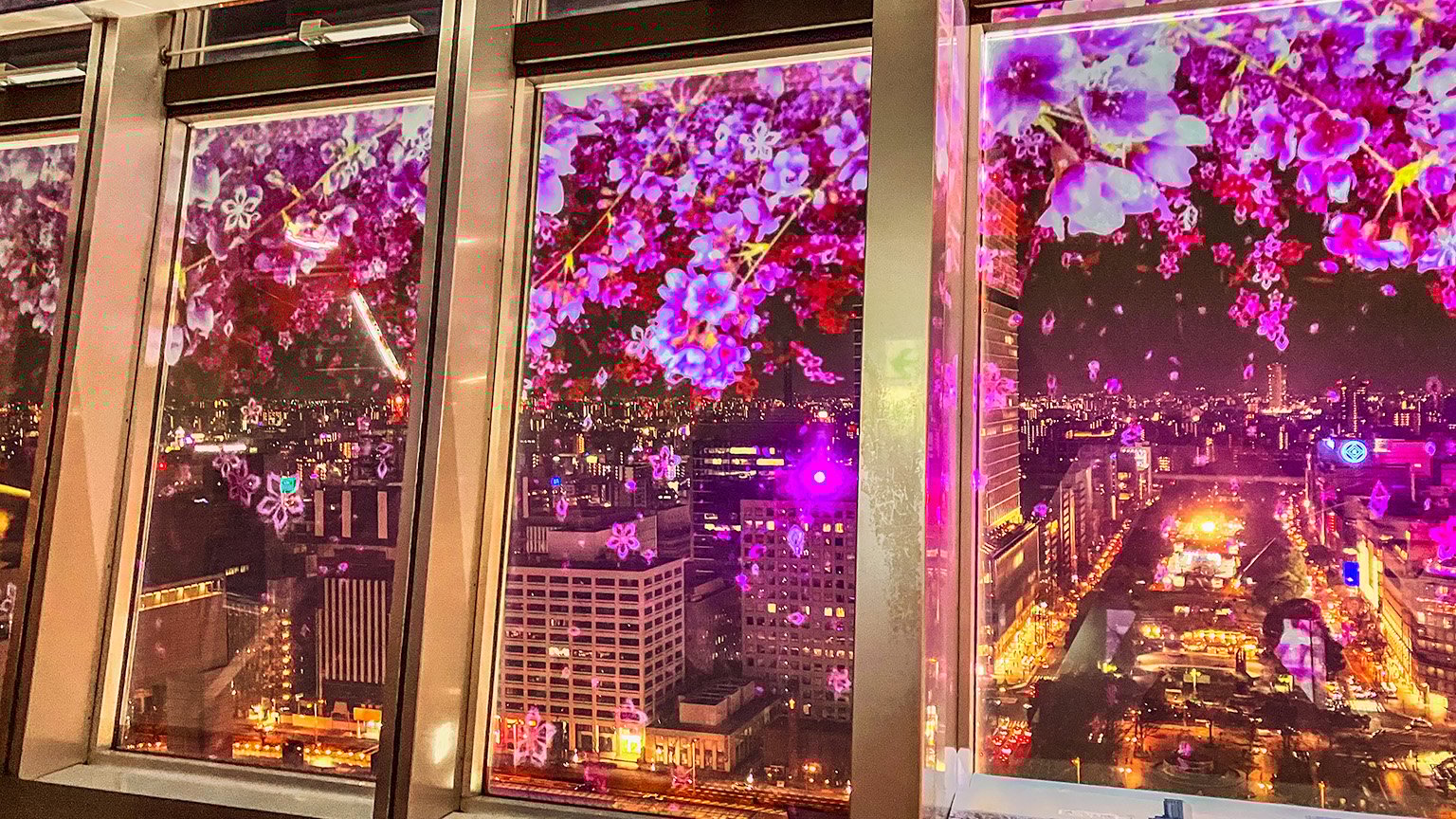 中部電力 MIRAI TOWER スカイデッキの NAKED SAKURA TOWER 2025 のプロジェクションマッピングの写真