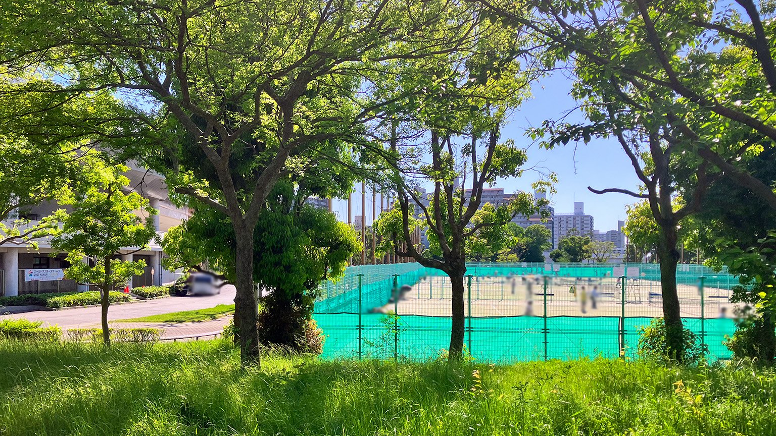 南港中央公園のテニスコートと野球場の写真