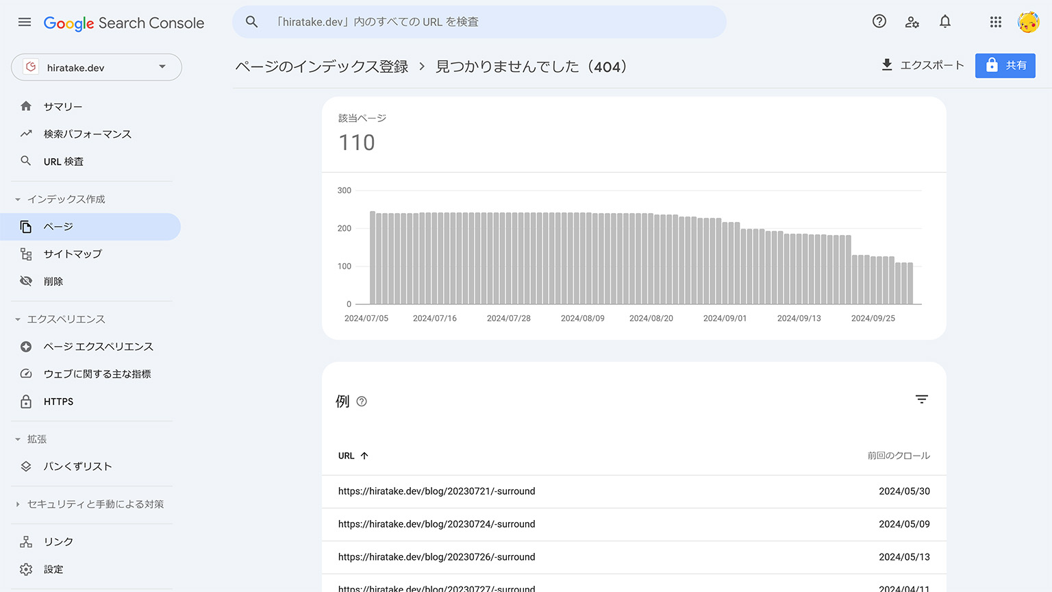 Google Search Console の「見つかりませんでした（404）」の画像