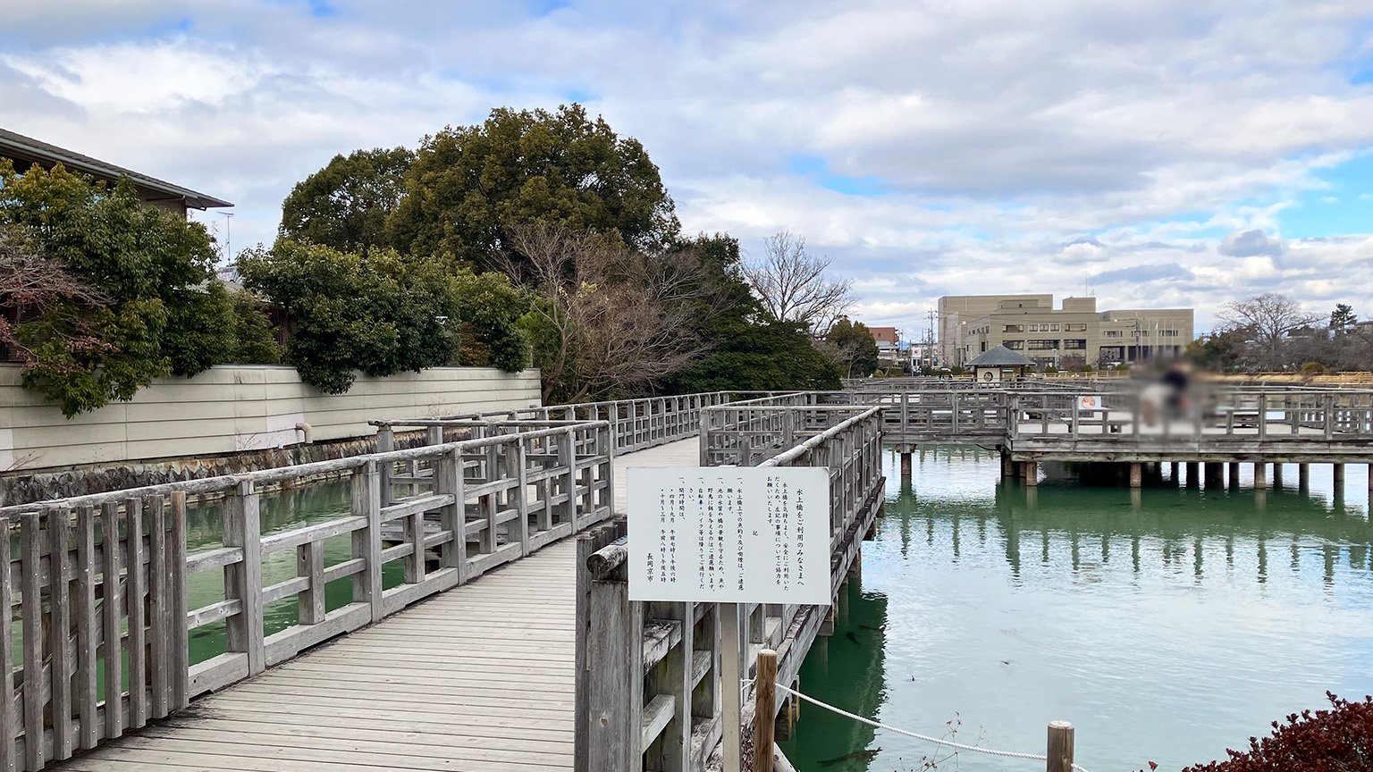 八条ヶ池と水上橋の写真